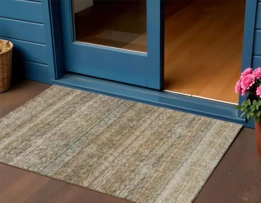Copper And Green Striped Washable Indoor Outdoor Area Rug Photo 1