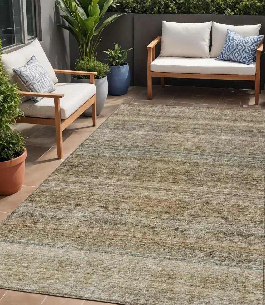 Copper And Green Striped Washable Indoor Outdoor Area Rug Photo 1