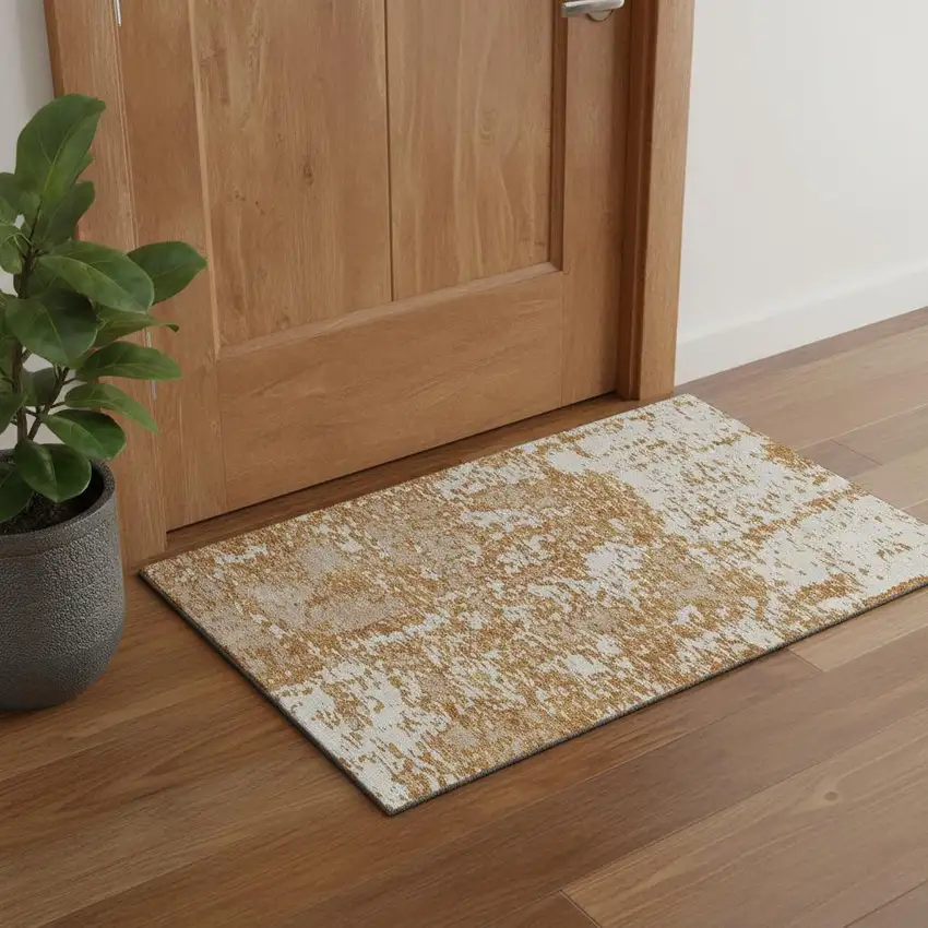 Copper And Ivory Abstract Washable Area Rug With UV Protection Photo 1