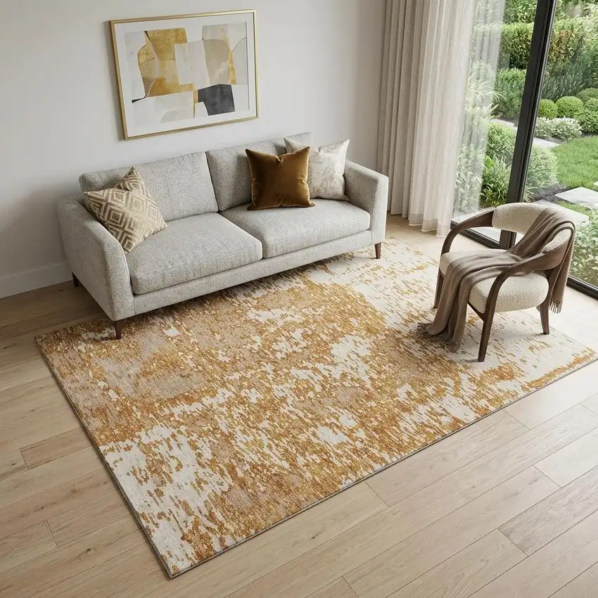 Copper And Ivory Abstract Washable Area Rug With UV Protection Photo 1