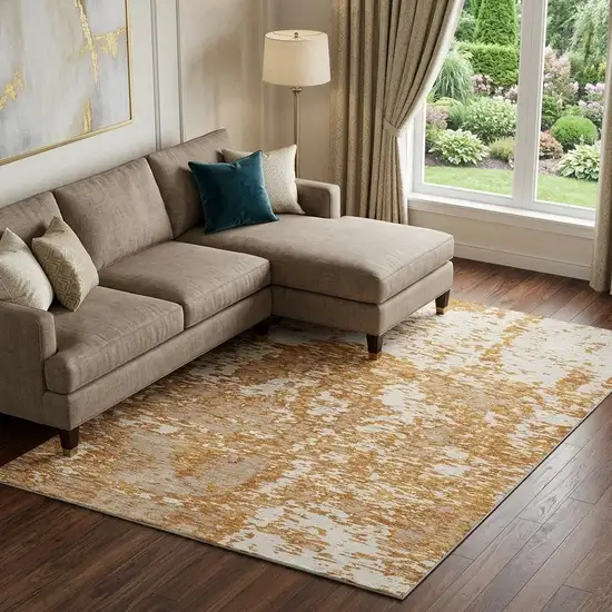 Copper And Ivory Abstract Washable Area Rug With UV Protection Photo 1