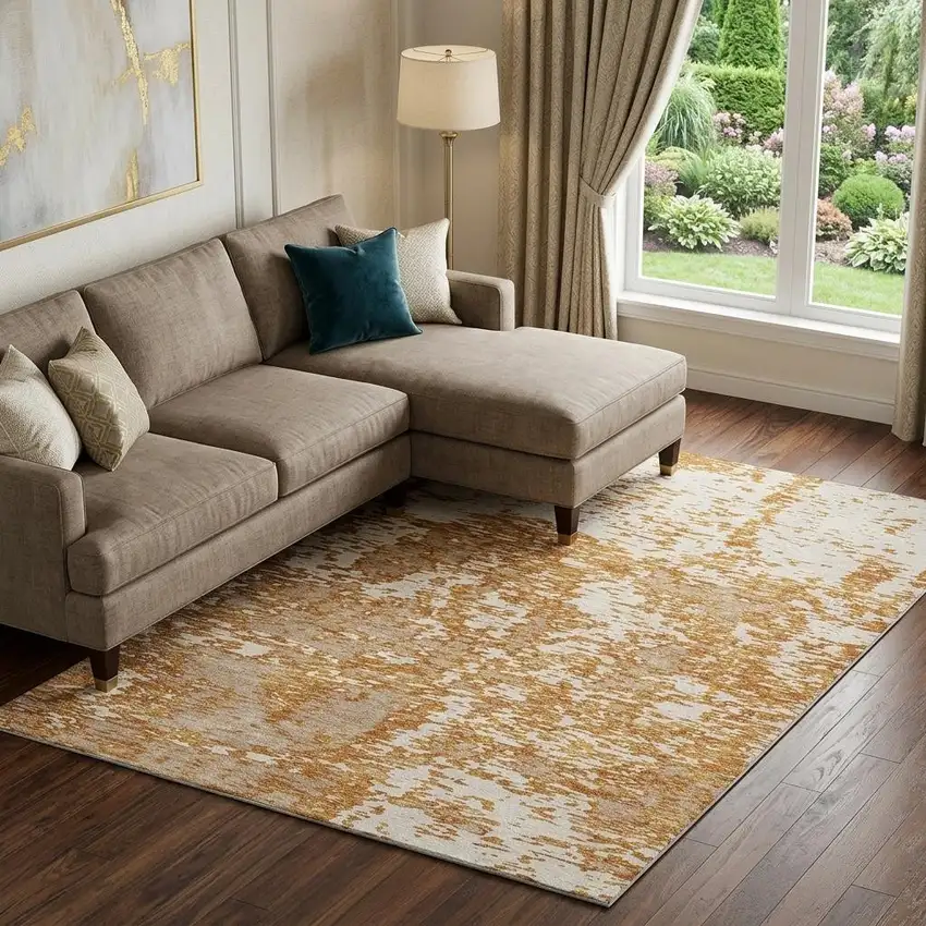 Copper And Ivory Abstract Washable Area Rug With UV Protection Photo 1