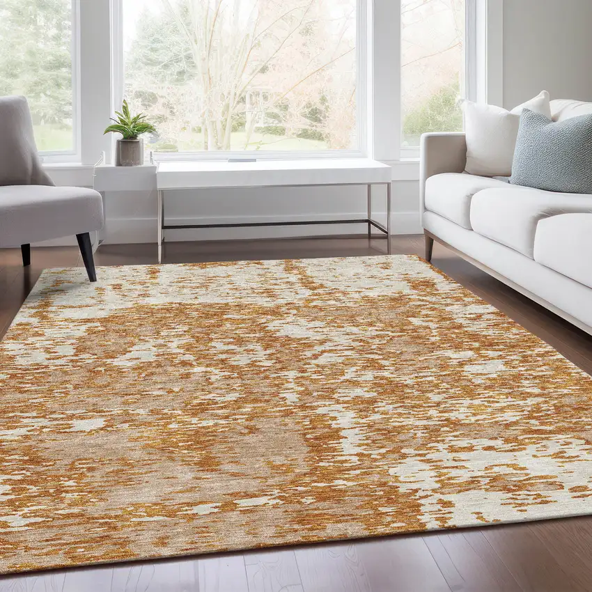 Copper And Ivory Abstract Washable Area Rug With UV Protection Photo 5