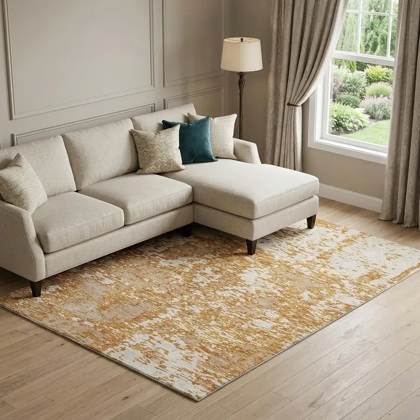 Copper And Ivory Abstract Washable Area Rug With UV Protection Photo 1