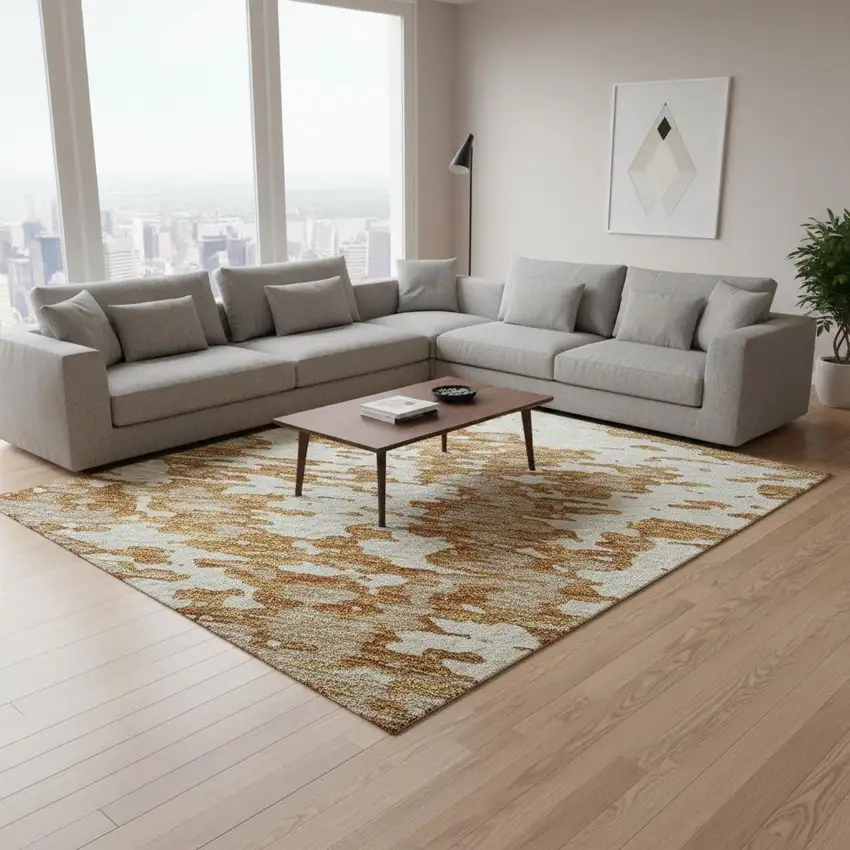 Copper And Ivory Abstract Washable Area Rug With UV Protection Photo 2