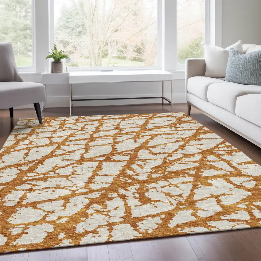 Copper And Ivory Abstract Washable Area Rug With UV Protection Photo 5