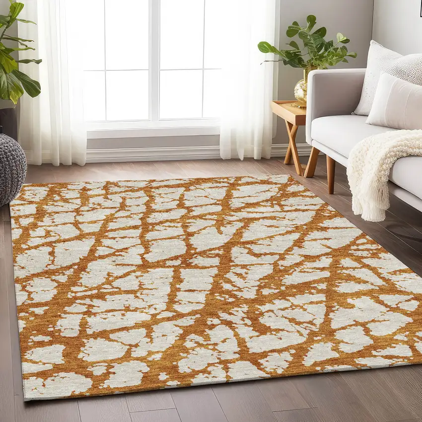 Copper And Ivory Abstract Washable Area Rug With UV Protection Photo 5