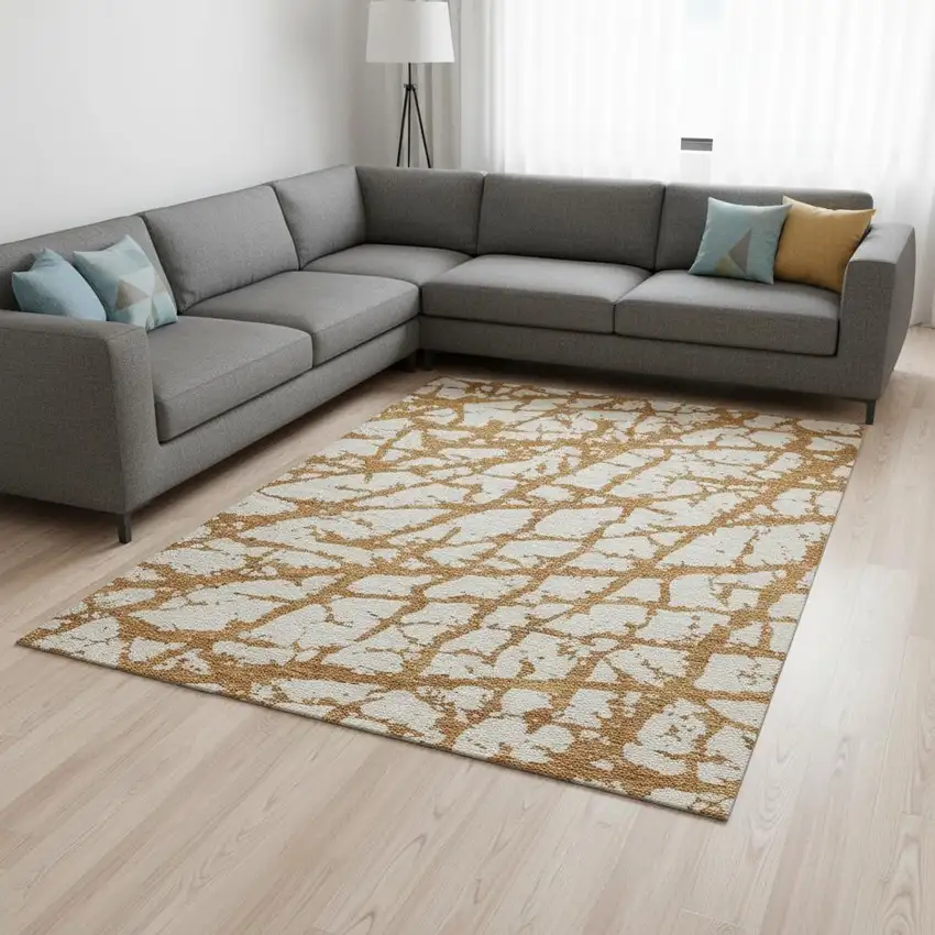 Copper And Ivory Abstract Washable Area Rug With UV Protection Photo 2