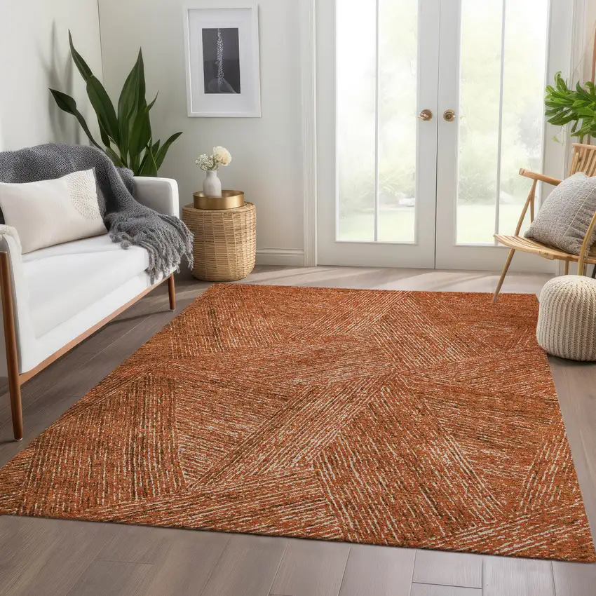 Copper And Ivory Abstract Washable Area Rug With UV Protection Photo 1