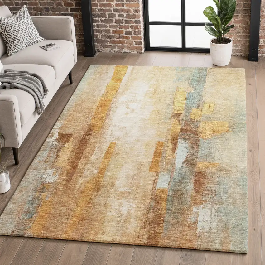Copper And Ivory Abstract Washable Area Rug With UV Protection Photo 1