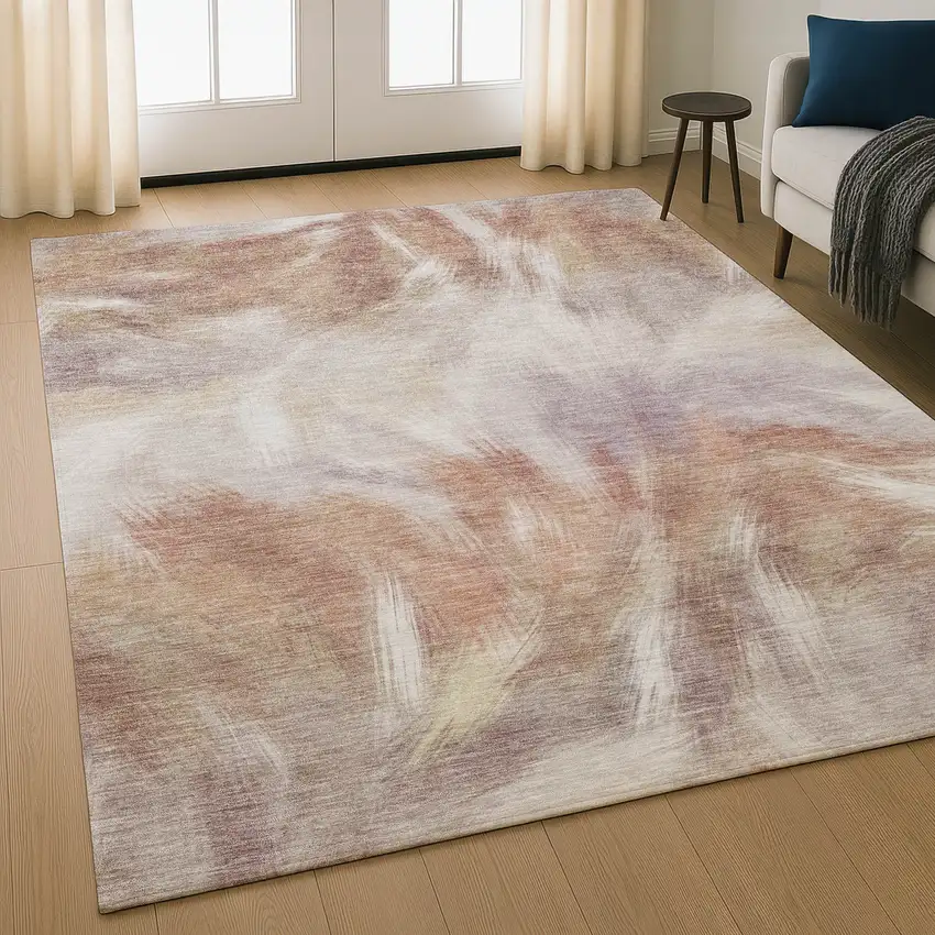 Copper And Ivory Abstract Washable Area Rug With UV Protection Photo 3
