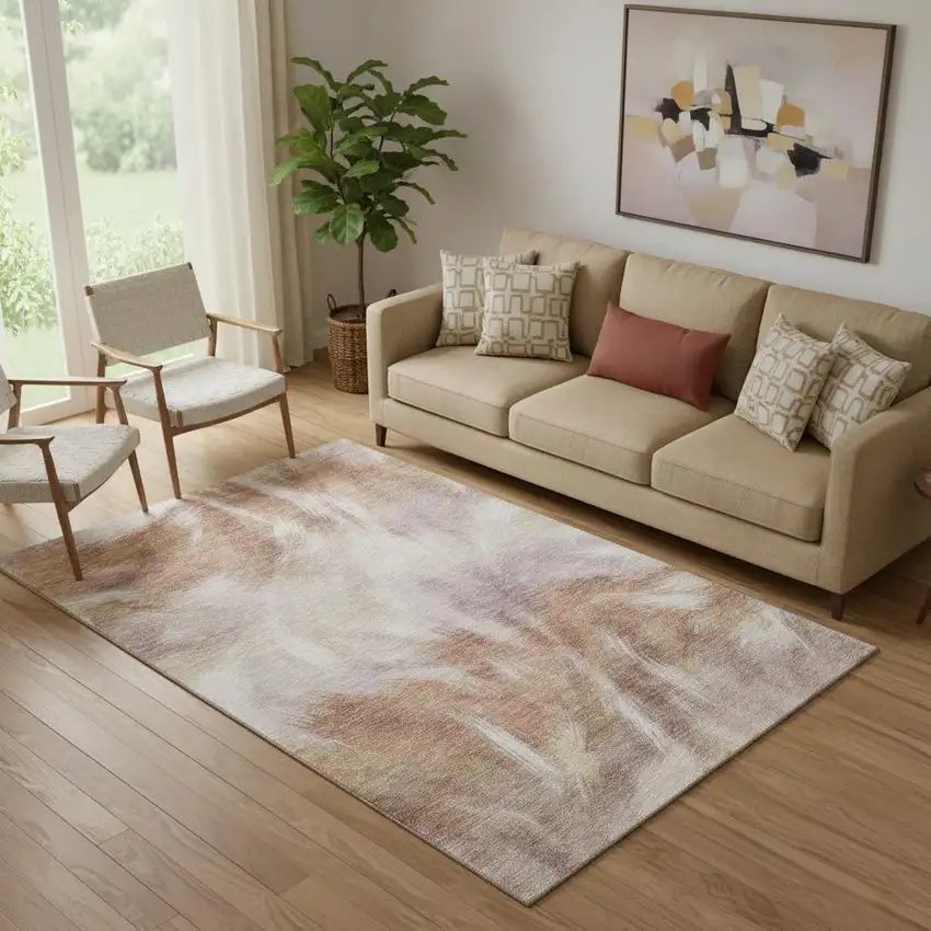 Copper And Ivory Abstract Washable Area Rug With UV Protection Photo 2