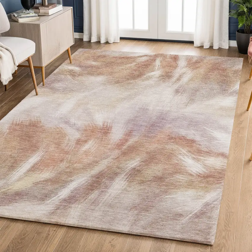 Copper And Ivory Abstract Washable Area Rug With UV Protection Photo 6