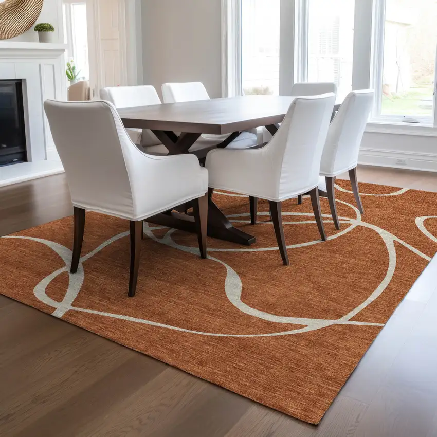 Copper And Ivory Abstract Washable Indoor Outdoor Area Rug Photo 9