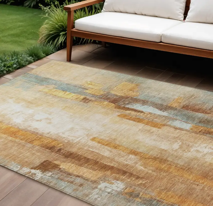 Copper And Ivory Abstract Washable Indoor Outdoor Area Rug Photo 2