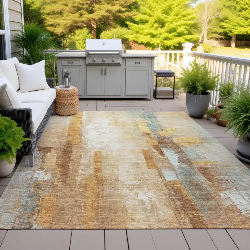 Copper And Ivory Abstract Washable Indoor Outdoor Area Rug Photo 5