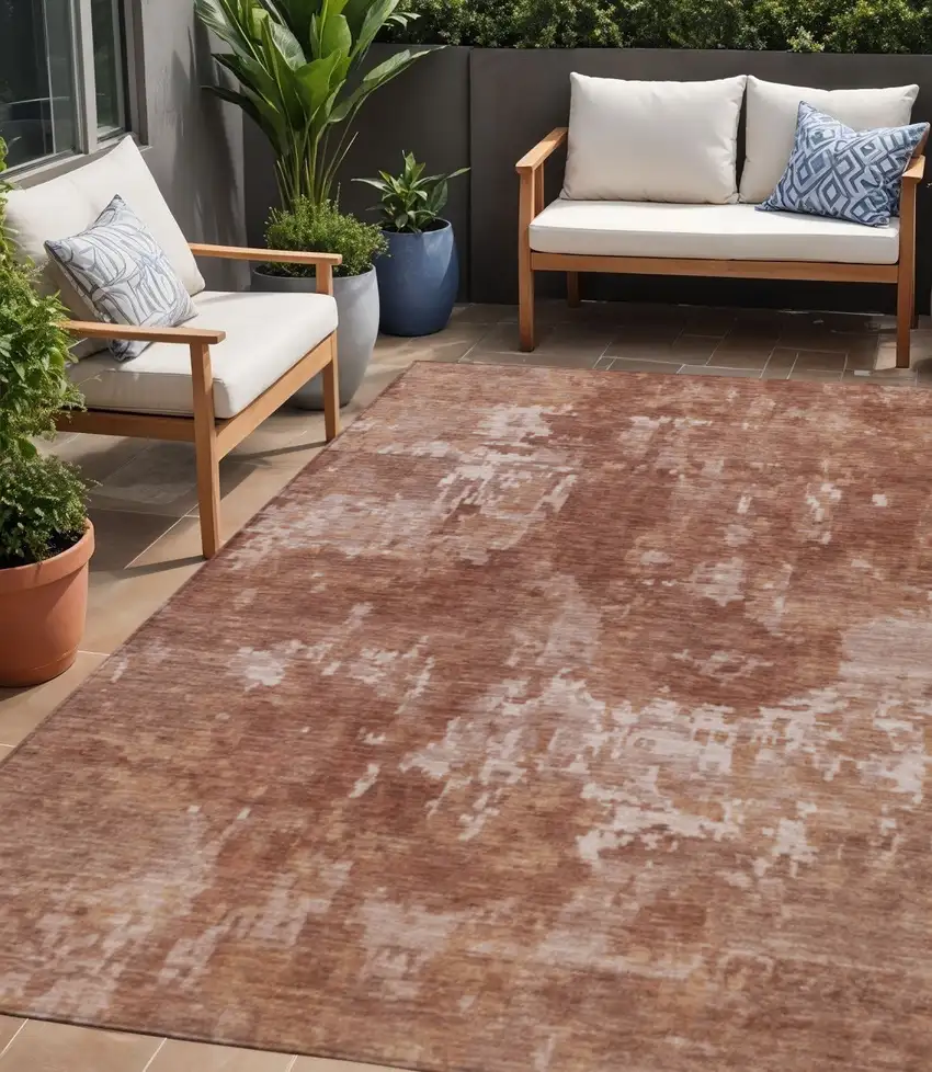 Copper And Ivory Abstract Washable Indoor Outdoor Area Rug Photo 1