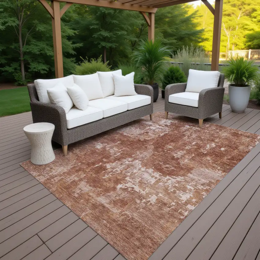 Copper And Ivory Abstract Washable Indoor Outdoor Area Rug Photo 7