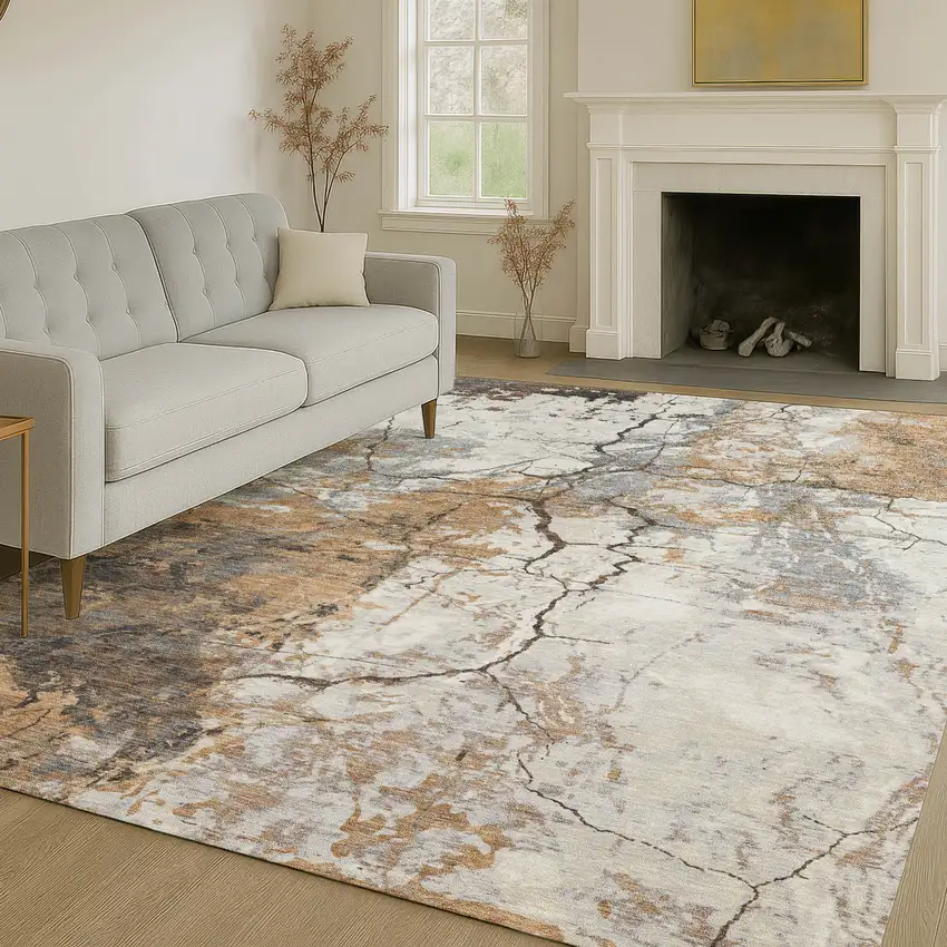 Copper And Ivory Abstract Washable Indoor Outdoor Area Rug Photo 6