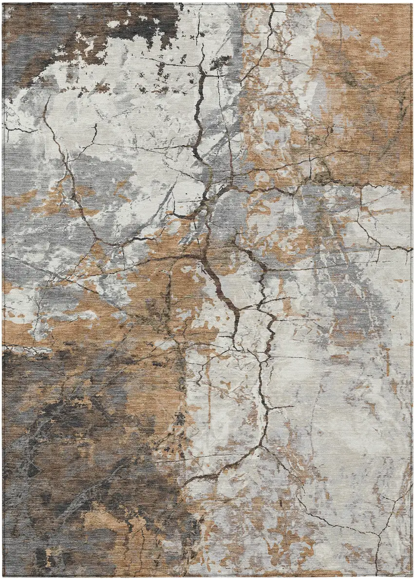 Copper And Ivory Abstract Washable Indoor Outdoor Area Rug Photo 1