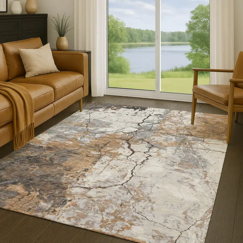 Copper And Ivory Abstract Washable Indoor Outdoor Area Rug Photo 5