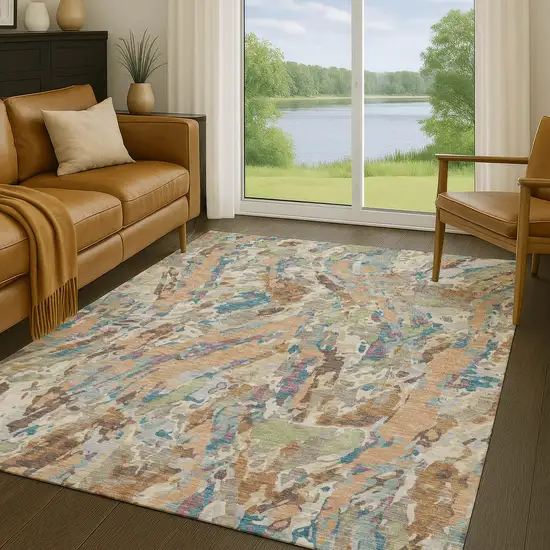 Copper And Ivory Abstract Washable Indoor Outdoor Area Rug Photo 5