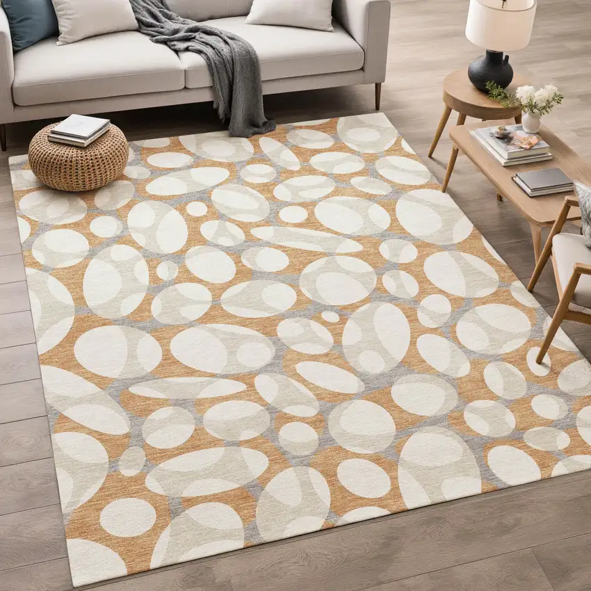 Copper And Ivory Abstract Washable Indoor Outdoor Area Rug Photo 5