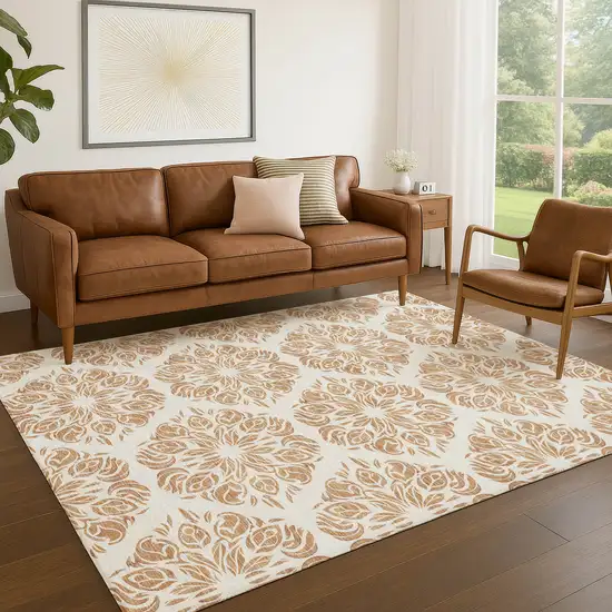 Copper And Ivory Damask Washable Indoor Outdoor Area Rug Photo 5