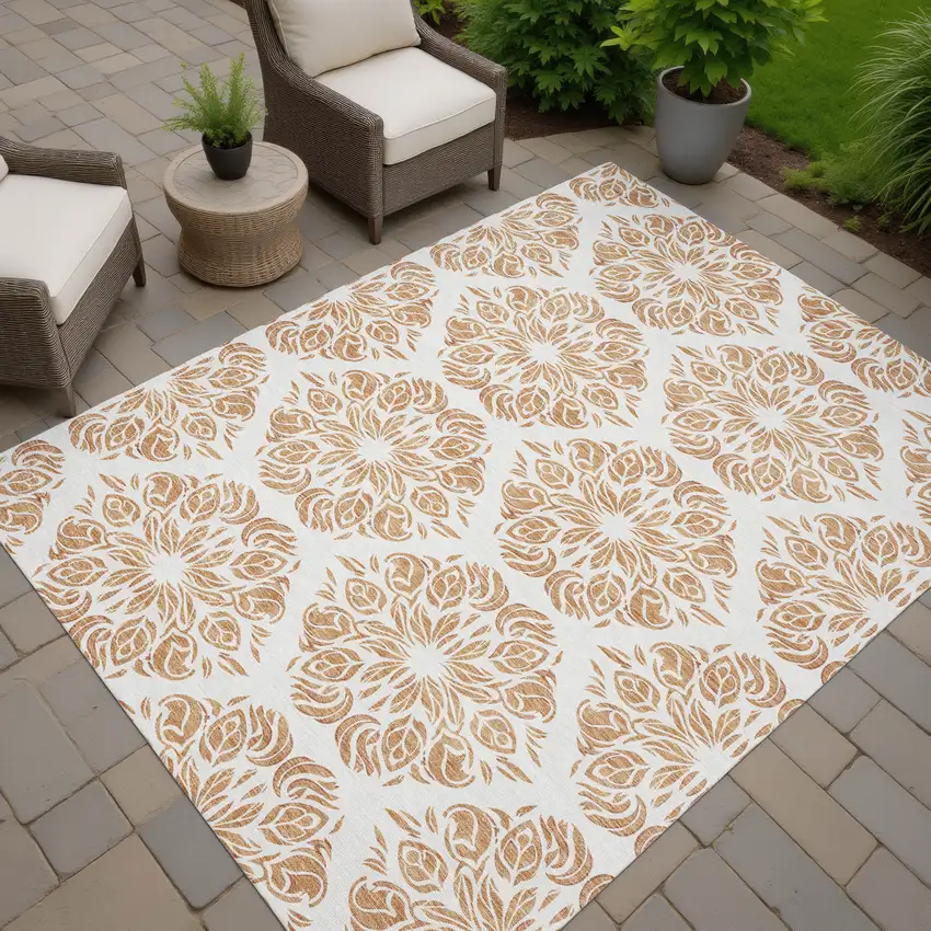 Copper And Ivory Damask Washable Indoor Outdoor Area Rug Photo 7
