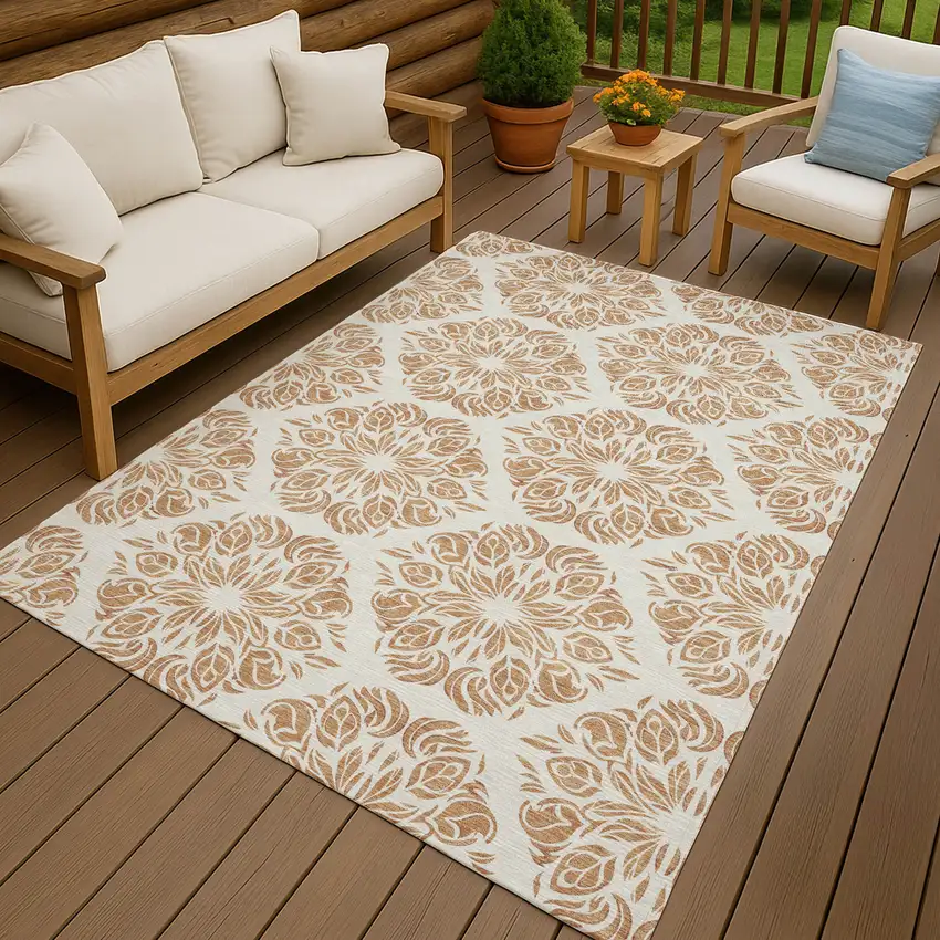 Copper And Ivory Damask Washable Indoor Outdoor Area Rug Photo 2