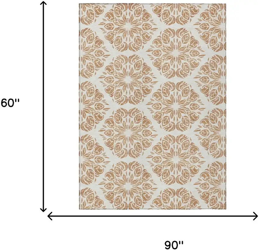 Copper And Ivory Damask Washable Indoor Outdoor Area Rug Photo 8