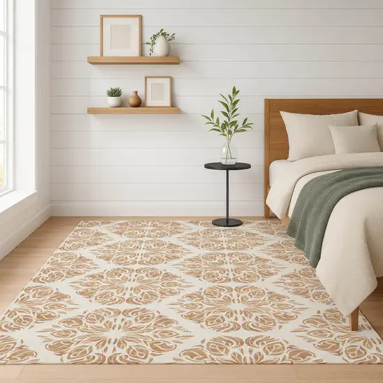 Copper And Ivory Damask Washable Indoor Outdoor Area Rug Photo 4