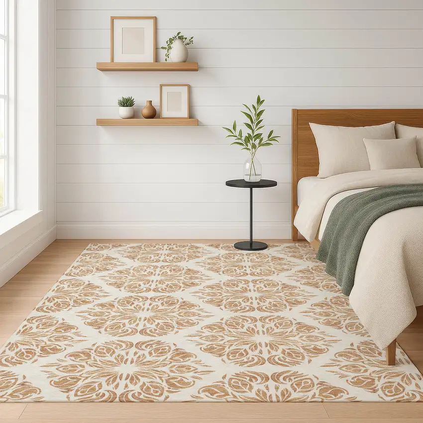 Copper And Ivory Damask Washable Indoor Outdoor Area Rug Photo 4