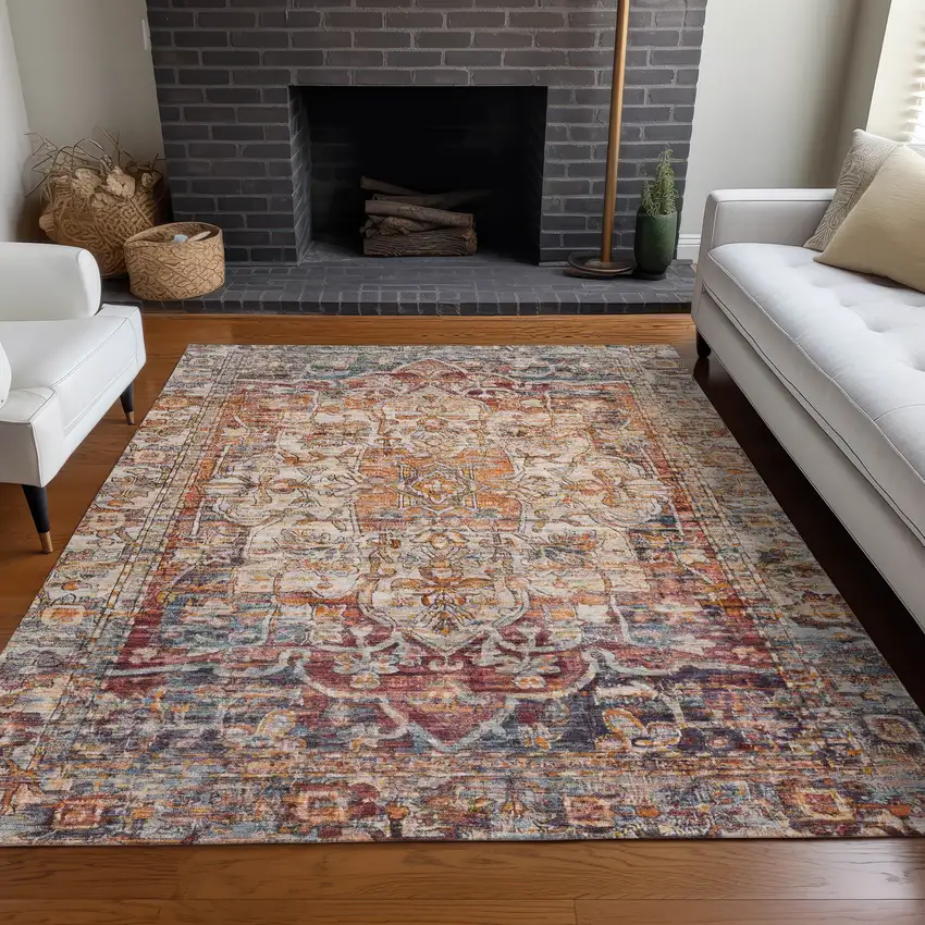 Copper And Ivory Floral Medallion Washable Indoor Outdoor Area Rug Photo 9