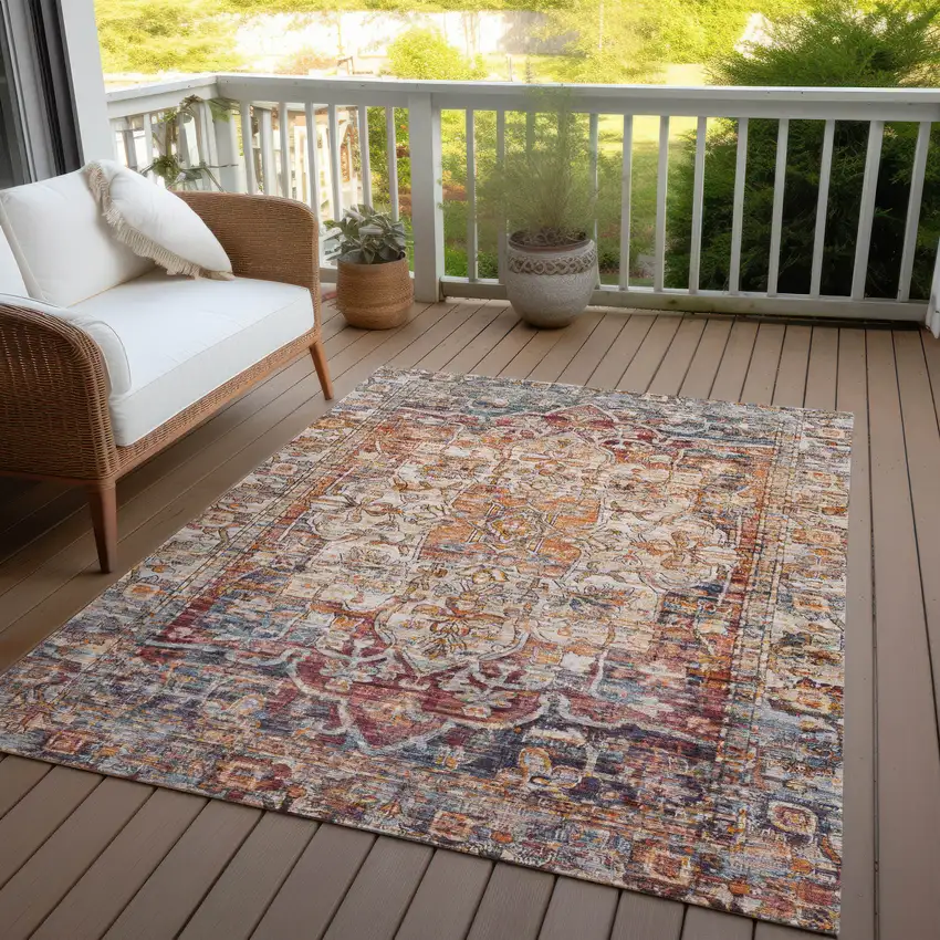 Copper And Ivory Floral Medallion Washable Indoor Outdoor Area Rug Photo 7