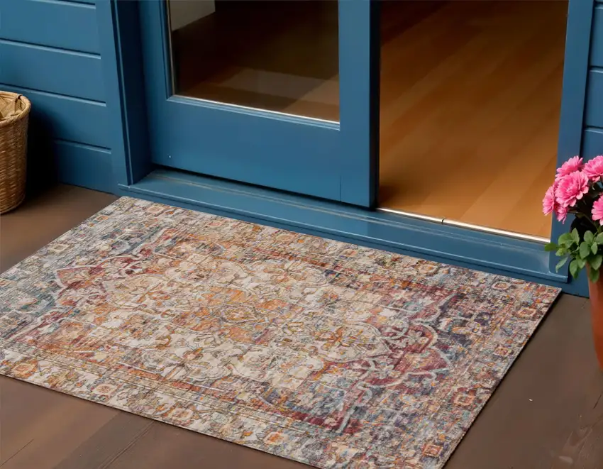 Copper And Ivory Floral Medallion Washable Indoor Outdoor Area Rug Photo 2