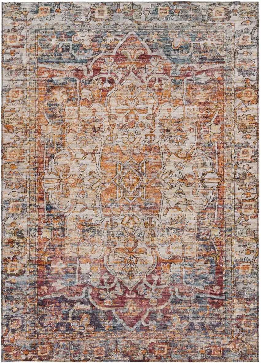 Copper And Ivory Floral Medallion Washable Indoor Outdoor Area Rug Photo 6