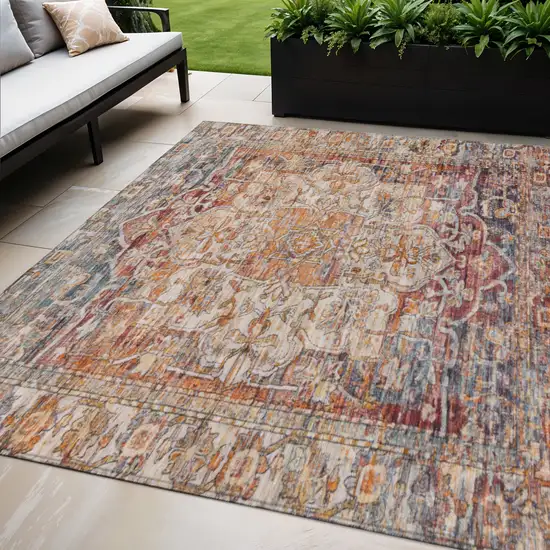 Copper And Ivory Floral Medallion Washable Indoor Outdoor Area Rug Photo 2