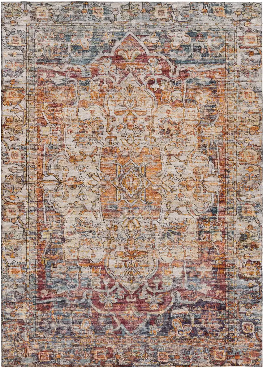 Copper And Ivory Floral Medallion Washable Indoor Outdoor Area Rug Photo 1