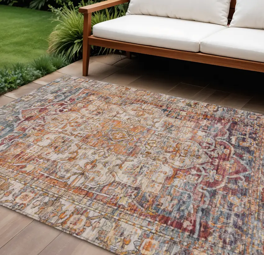 Copper And Ivory Floral Medallion Washable Indoor Outdoor Area Rug Photo 2