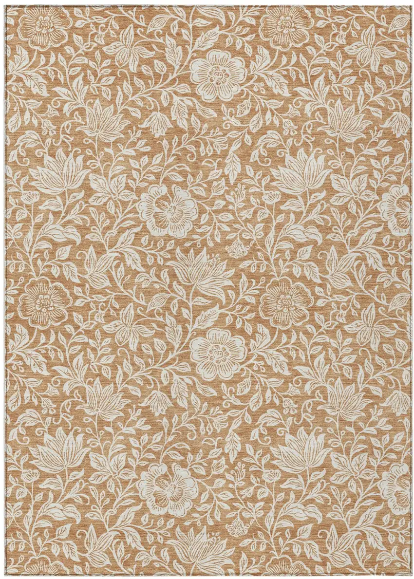 Copper And Ivory Floral Washable Indoor Outdoor Area Rug Photo 1
