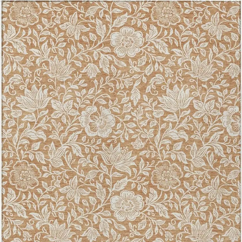 Copper And Ivory Floral Washable Indoor Outdoor Area Rug Photo 3