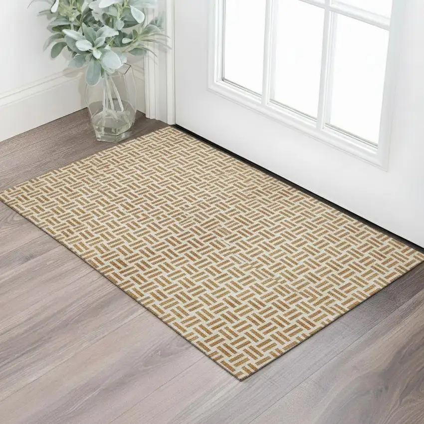 Copper And Ivory Geometric Washable Area Rug With UV Protection Photo 2