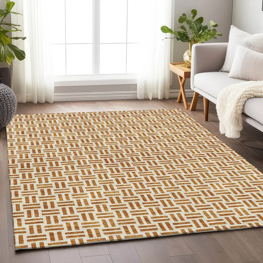 Copper And Ivory Geometric Washable Area Rug With UV Protection Photo 3