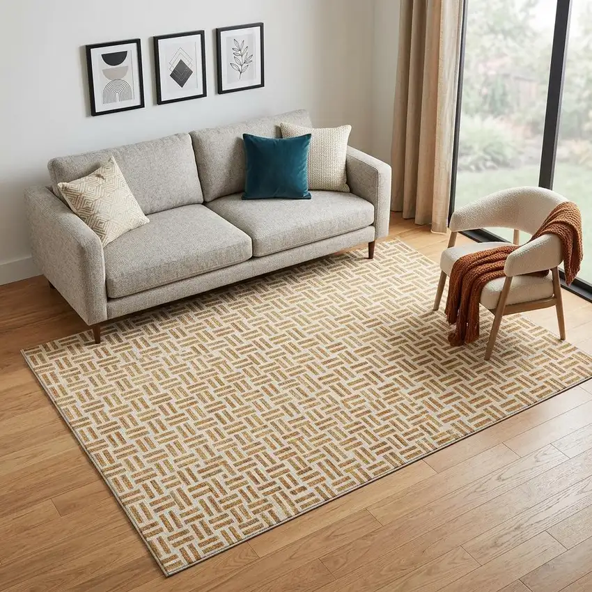 Copper And Ivory Geometric Washable Area Rug With UV Protection Photo 1