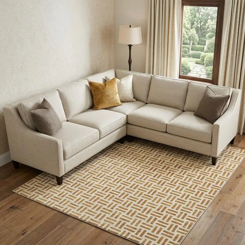 Copper And Ivory Geometric Washable Area Rug With UV Protection Photo 1