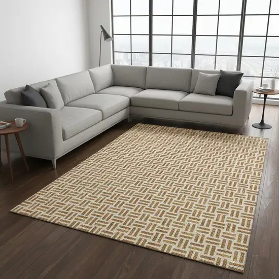 Copper And Ivory Geometric Washable Area Rug With UV Protection Photo 2