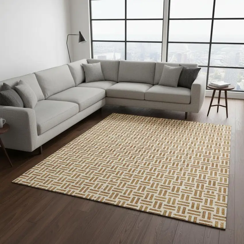 Copper And Ivory Geometric Washable Area Rug With UV Protection Photo 2