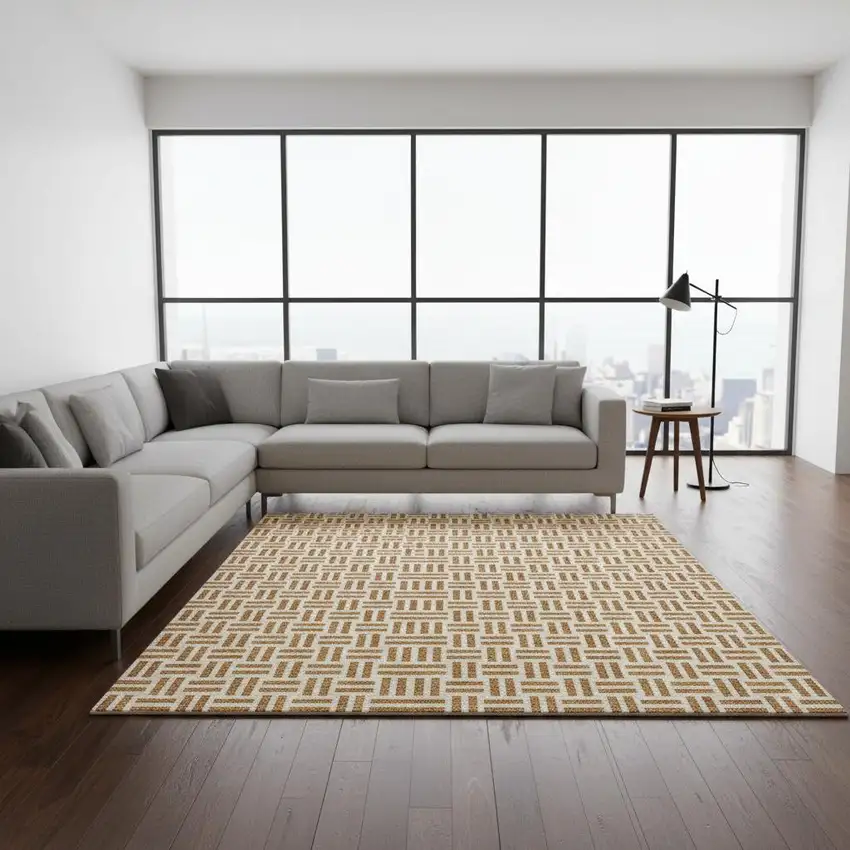 Copper And Ivory Geometric Washable Area Rug With UV Protection Photo 2