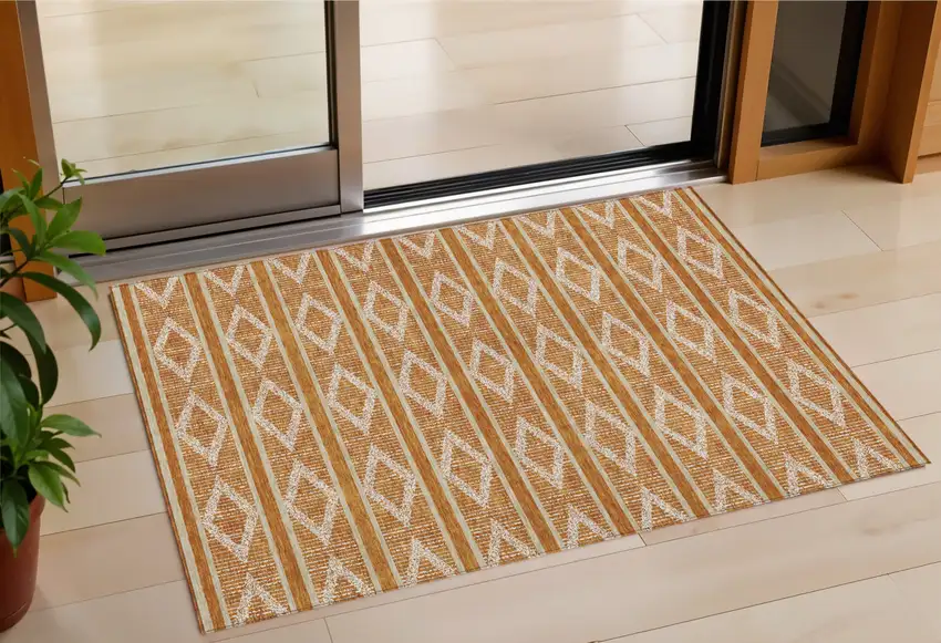Copper And Ivory Geometric Washable Indoor Outdoor Area Rug Photo 1